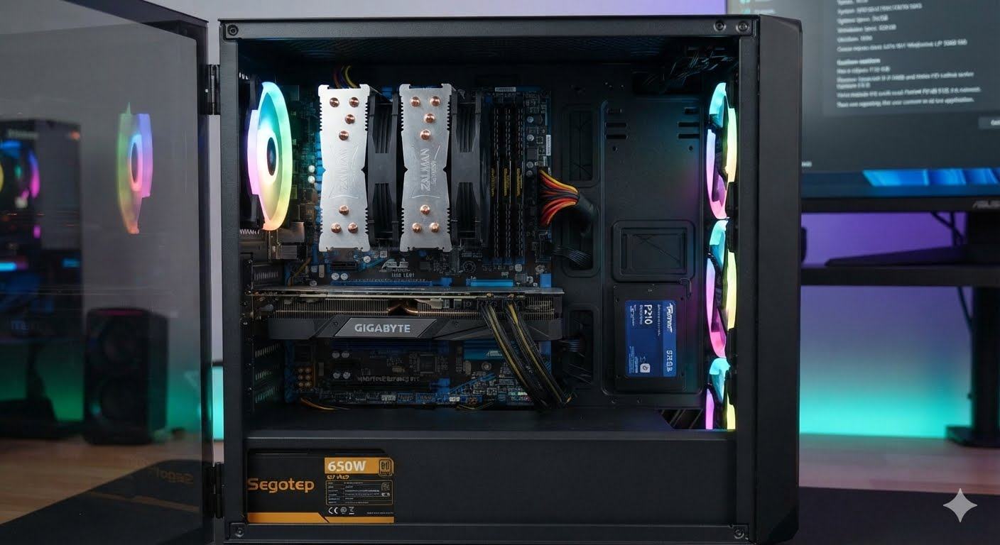The Ready Rig — full interior view with ARGB fans, Gigabyte GPU, and Segotep 650W PSU